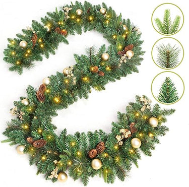 Queta Corona de Navidad artificial con 40 luces LED, funciona con pilas, 1,8 m, para decoración interior y exterior